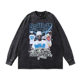 Men Long Sleeve Shirt Street Hip-Hop Rapper Portrait Printing Wash Long Sleeve T-shirt for Men and Women