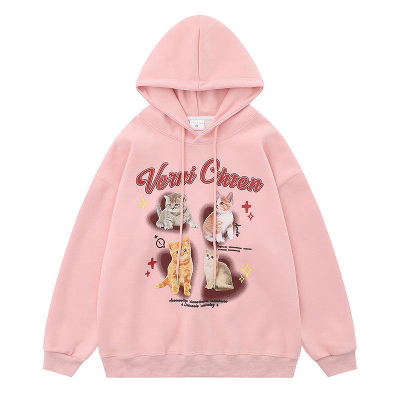 Men Hoodie Kitten Printed Hoodie Men's Casual Pullover