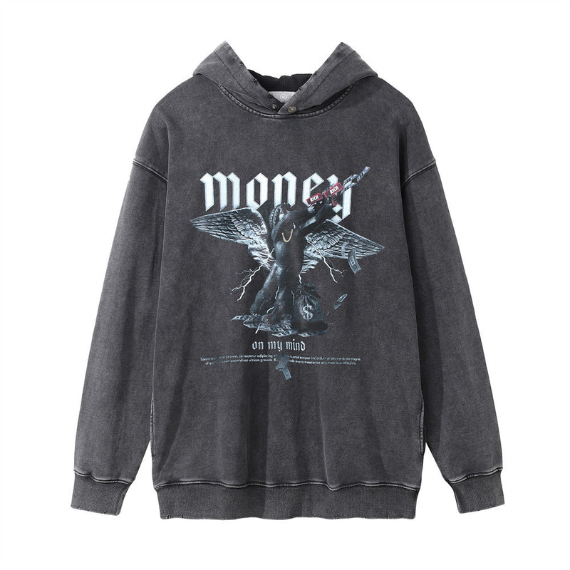 Men Hoodie Print Washed and Worn Hooded Pullover Men's Casual