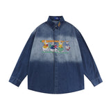 Men Long Sleeved T Shirt Denim Shirt Men Cartoon Embroidery Rabbit Long Sleeve Shirt Coat