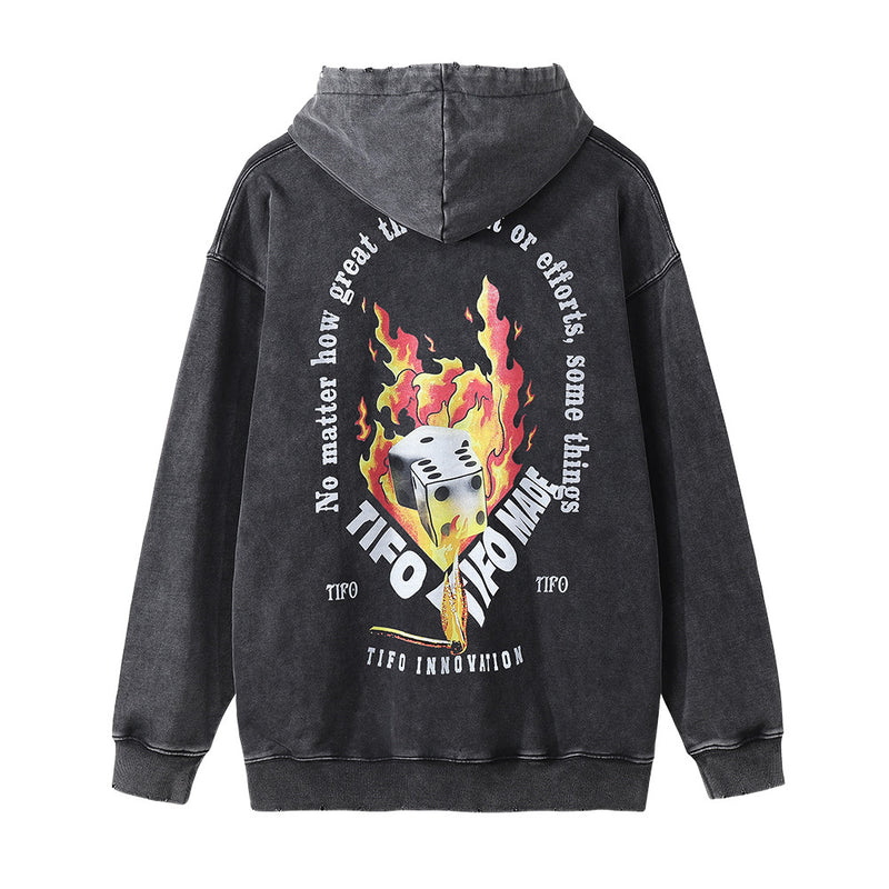 Men Hoodie Printed Hood Sweater Men Loose Washed-out Distressed