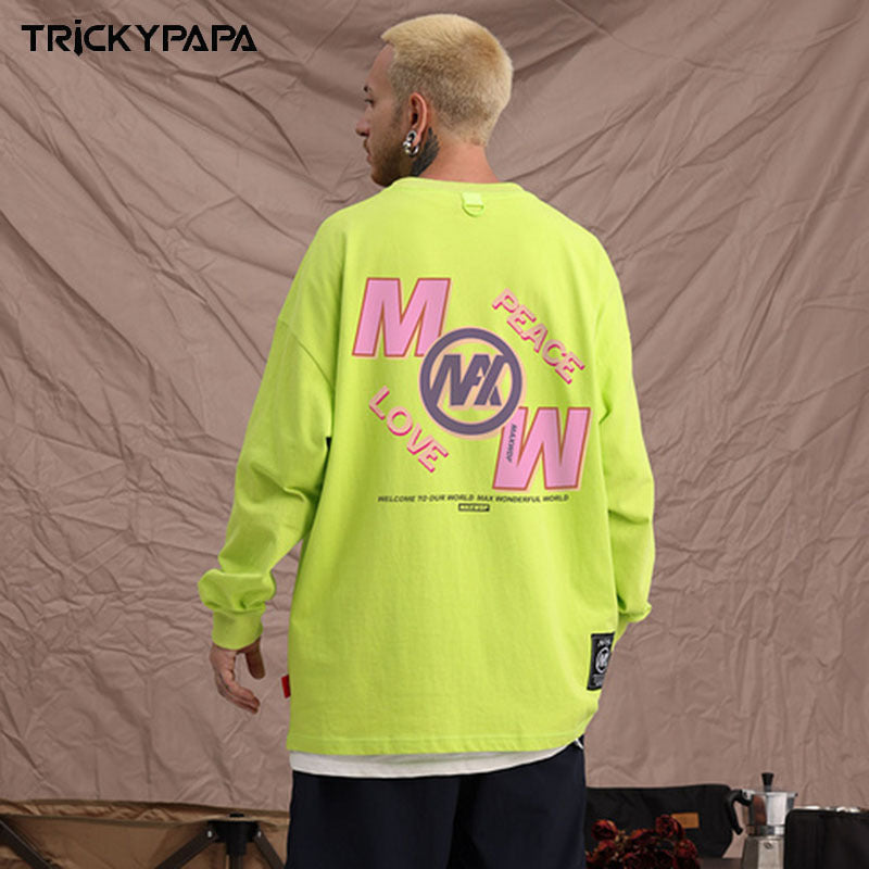 Men Long Sleeve Shirt Printed Long Sleeve T-shirt Men and Women Retro Loose Couple Casual