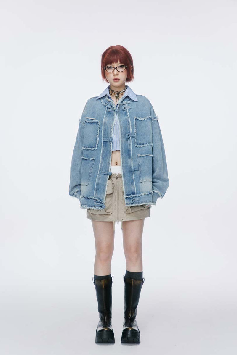 Unisex Jacket Autumn Washed Buckle Denim Coat Women's Clothing
