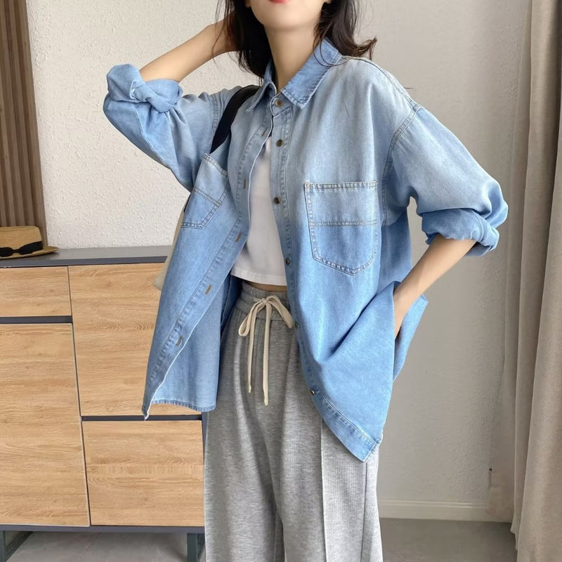 Women T-shirt Denim Shirt Women Loose Top Spring and Autumn Coat
