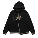 Men Fleece Lined Hoodie Zipper Cardigan Sweater Coat Men's Loose Five-Pointed Star Embroidered Hoodie