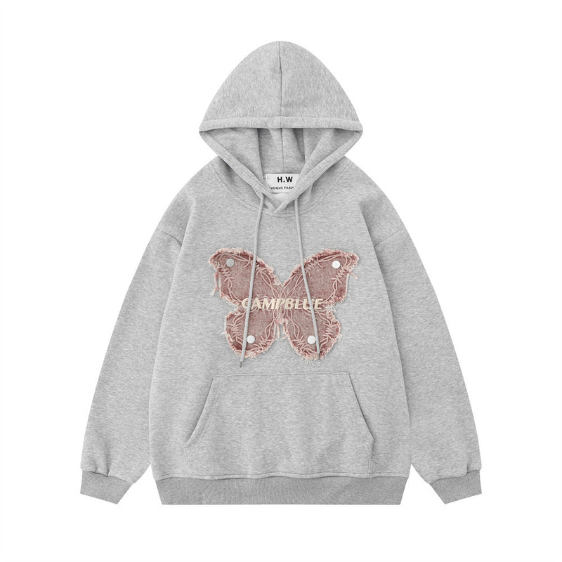 Men Hoodie Butterfly Hooded Sweater Patch Cat Beard Embroidered Pullover Hoodie