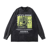Men Long Sleeve Shirt Ukiyo-E Vintage Washed Vintage Long Sleeve T-shirt for Men and Women