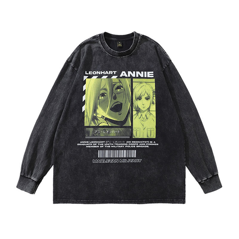 Men Long Sleeve Shirt Anime Print Washed Long Sleeve T-shirt Men and Women Hip Hop