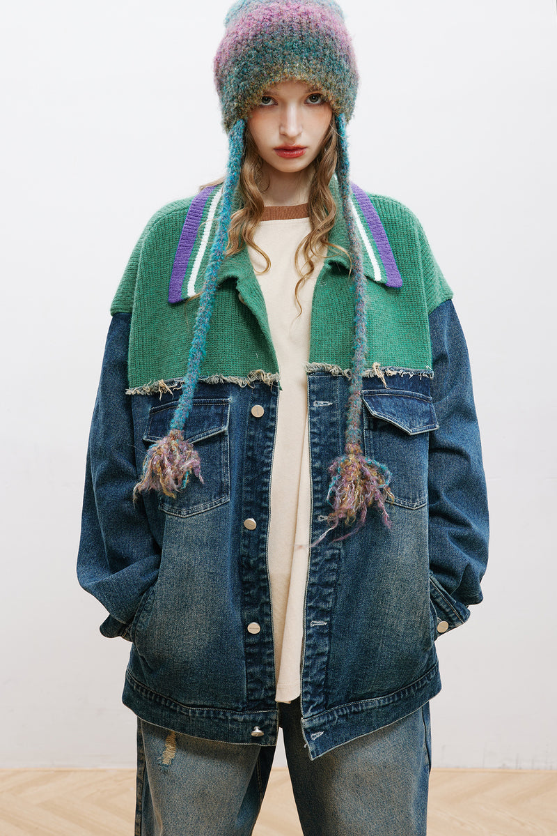 Unisex Jacket Autumn Knitted Stitching Denim Jacket Women's Clothing
