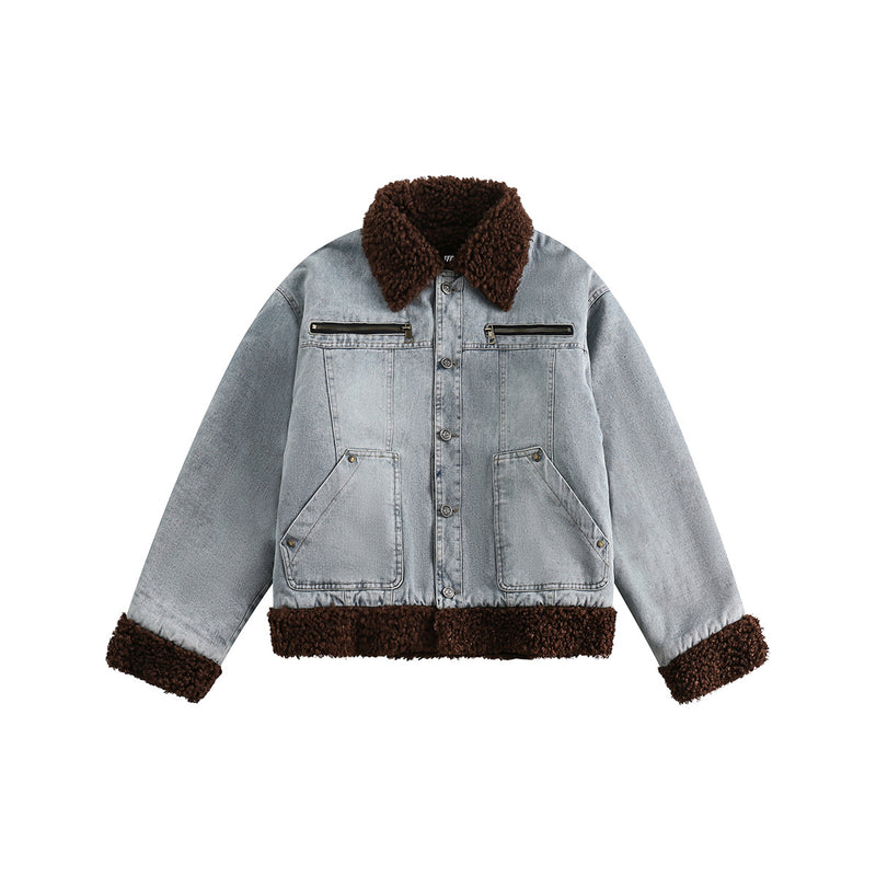 Unisex Jacket Winter Lamb Wool Stitching Denim Cotton Coat