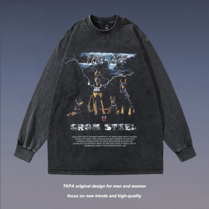 Men Long Sleeve Shirt Washed Distressed Doberman Pinscher Printed Long Sleeve T-shirt Men and Women Winter Loose