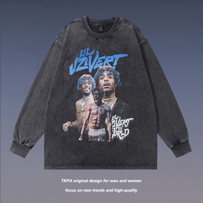 Men Long Sleeve Shirt Printed Distressed Long Sleeve T-shirt Men and Women Retro Top