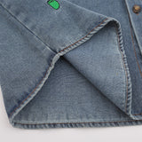 Men Long Sleeved T Shirt Cartoon Embroidered Washed Denim Shirt Coat Spring and Autumn Loose Long Sleeve Shirt