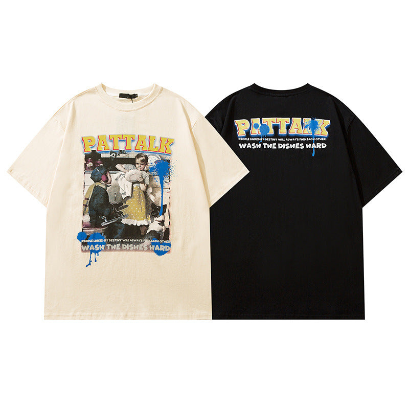 Men T Shirt Vintage Printed Couple Short Sleeve T-shirt Men and Women Ins Style