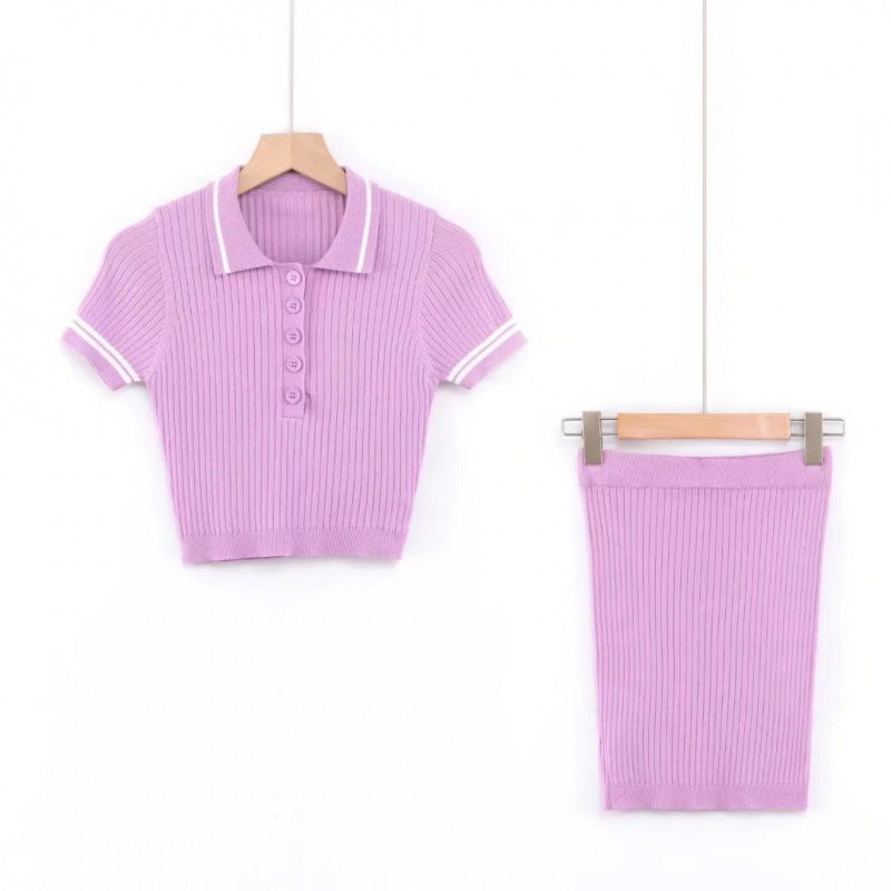 Women Skirt Suit Spring Lapel Short Sleeve Slim Knit Skirt