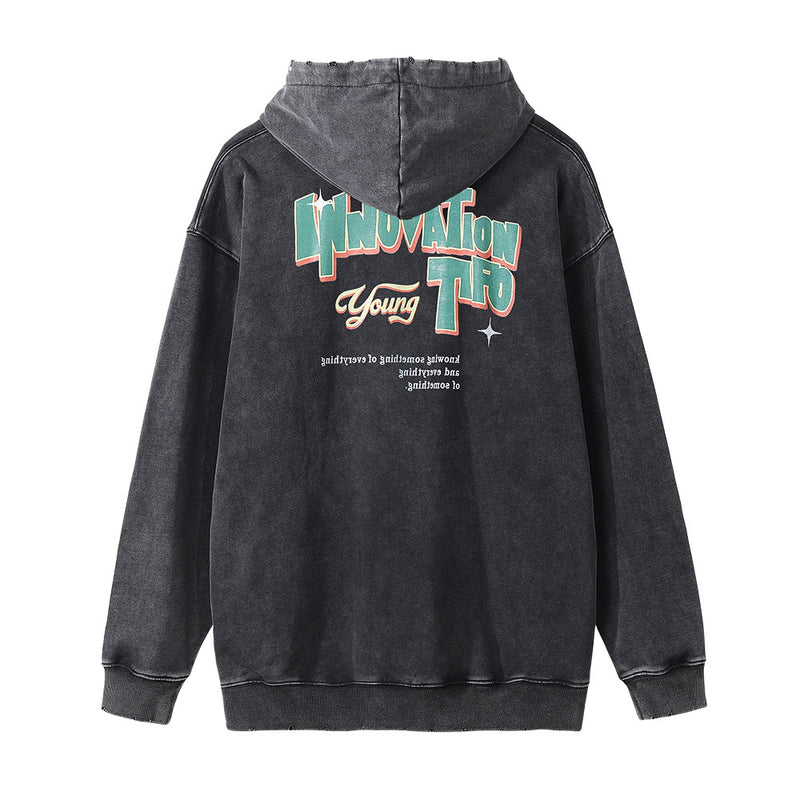 Men Hoodie Cartoon Print Hooded Pullover Hip Hop Loose Worn Washed and Worn Hoodie