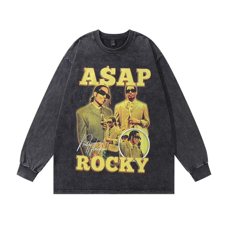 Men Long Sleeve Shirt Washed and Worn Long Sleeve T-shirt Men and Women Loose