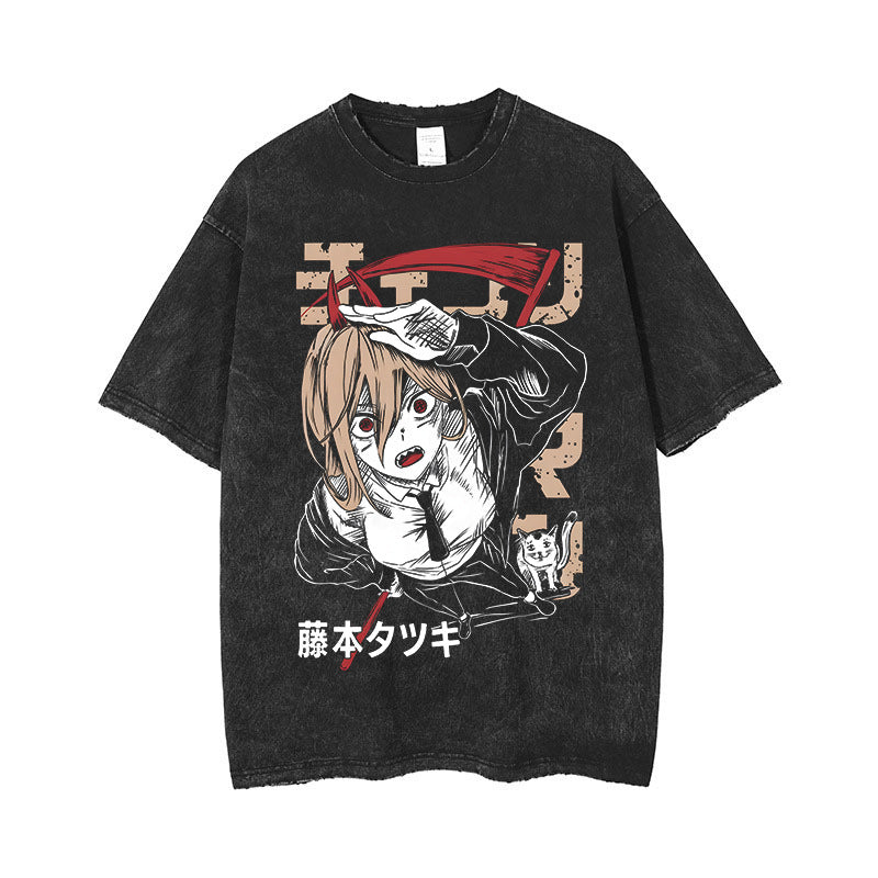 Anime Chainsaw Man Acid Tshirt Retro Vintage Washed