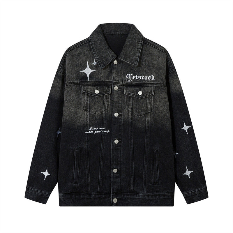 Men Denim Jacket XINGX Embroidered Denim Jacket Male and Female Couples Wear Washed Distressed Jacket