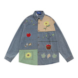 Men Long Sleeved T Shirt Stitching Contrast Color Shirt Coat Punk Flower Embroidery Shirt