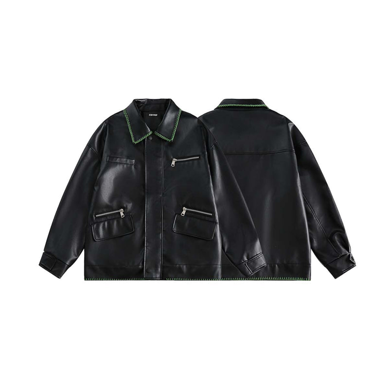 Unisex Jacket Autumn Contrast Color Embroidered Edge Leather Coat