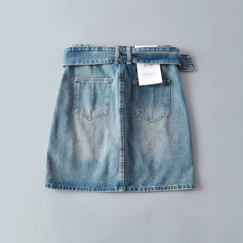 Women Skirt Short Belt Denim Skirt