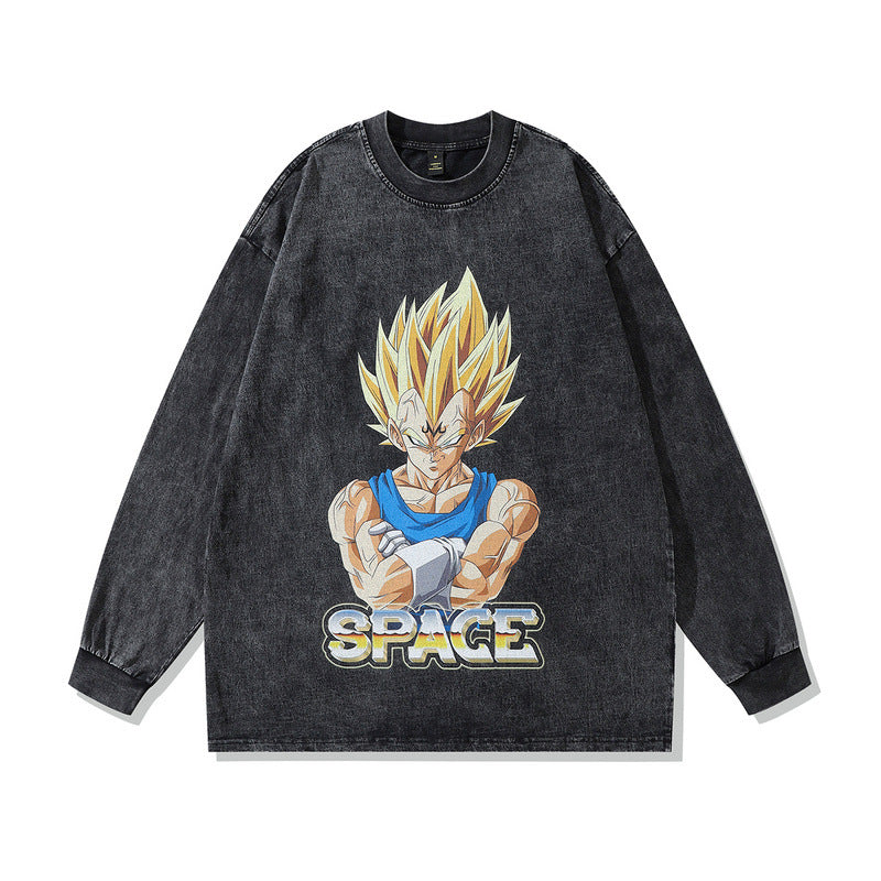 Men Long Sleeve Shirt Hip Hop Retro Cartoon Washed Long Sleeve T-shirt for Men and Women