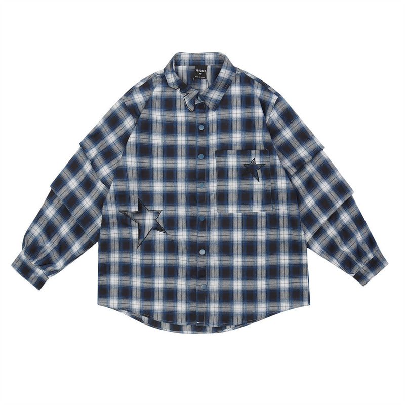 Men Long Sleeved T Shirt Long Sleeve Shirt Loose Five-Pointed Star Embroidered Lapel Casual Shirt