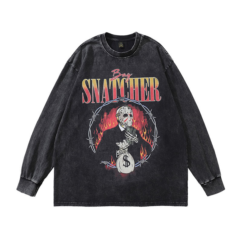 Men Long Sleeve Shirt High Street Vintage Dark Printed Distressed Long Sleeve T-shirt for Men and Women
