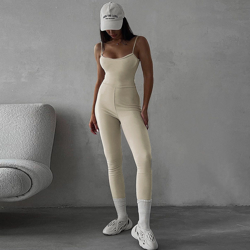 Women Jumpsuit Sports Yoga U-Shaped Spaghetti Straps Sleeveless One-Piece Trousers