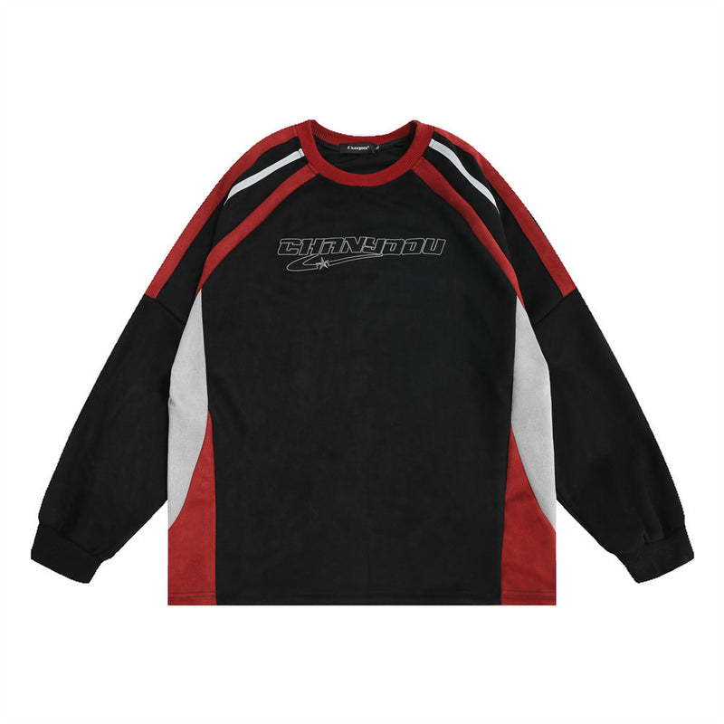 Men Hoodie Letter Embroidery Color-Block Crew Neck Sweatshirt Sports Long Sleeve Pullover Top