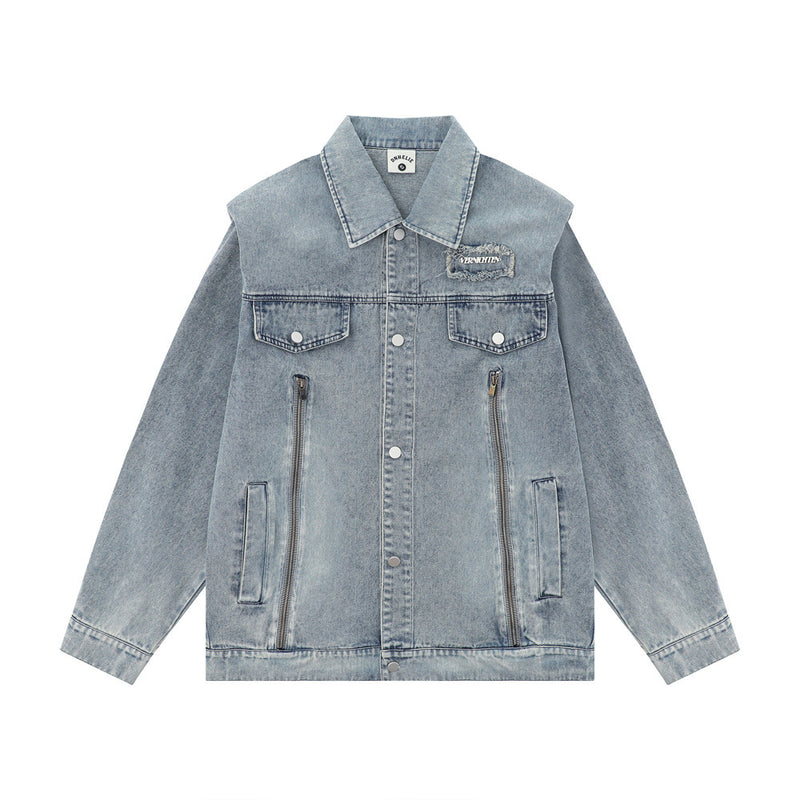 Men Denim Jacket Spring and Autumn Washed Denim Clothes Jacket Stitching Padded Shoulder Denim Jacket