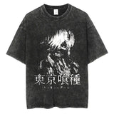 Vintage Black Washed Cotton Tees Shirts Anime Graphic
