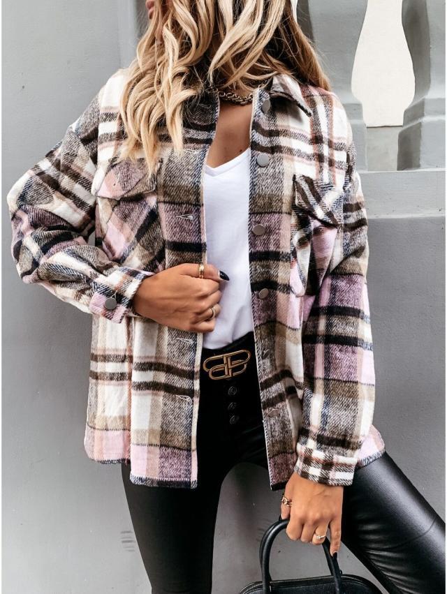 Plaid Trench Coat Autumn and Winter Long Sleeve Plaid Coat