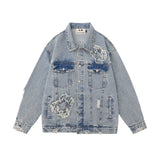 Men Denim Jacket Embroidered Spider Denim Jacket Men Loose Wash Do the Old Cowboy Coat