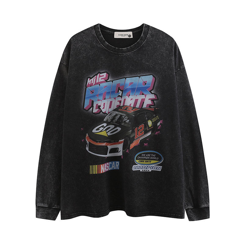 Men Long Sleeve Shirt Vintage Printed Washed Distressed Long Sleeve Bottoming T-shirt for Men and Women