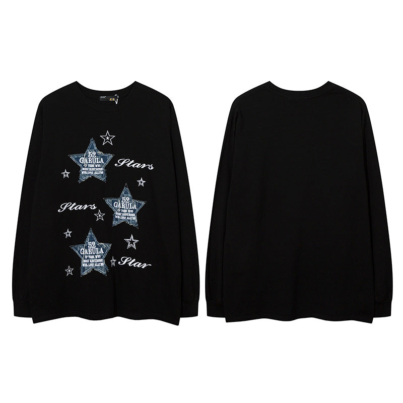 Men Long Sleeve Shirt Denim Embroidered Patch Long Sleeve Bottoming T-shirt Men and Women Couple