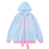 Men Hoodie Two-Way Zipper Hooded Jacket Five-Pointed Star Rope Bow Bandage Sweater