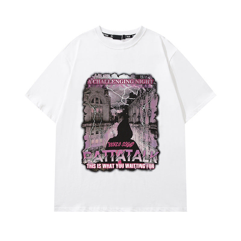Men T Shirt Hiphop Street Retro Printed Couple Short Sleeve T-shirt Men and Women
