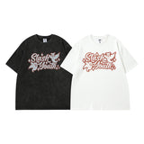 Men T Shirt Letter Print Worn Looking Washed-out Short Sleeve T-shirt Female Hip Hop