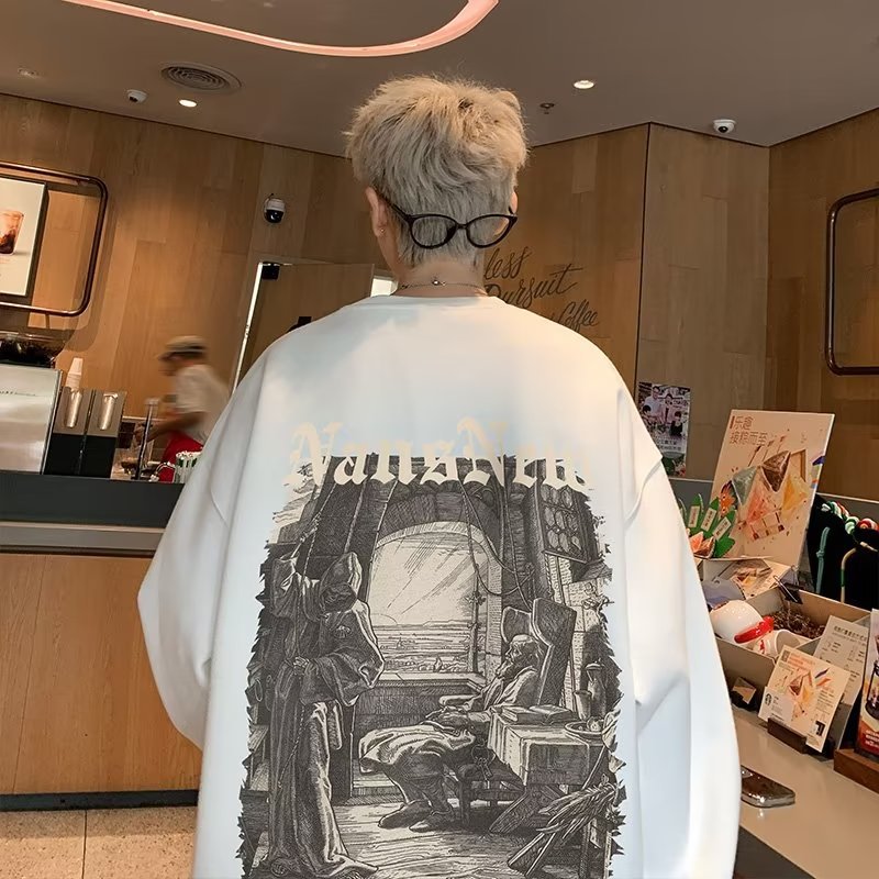 Men Hoodie round Neck Sweater Men's Autumn Long Sleeve T-shirt Hong Kong Style Loose Casual Hiphop