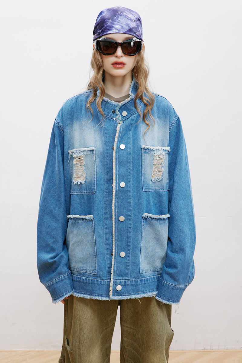 Unisex Jacket Autumn Stand Collar Raw Edge Denim Jacket Women's Clothing