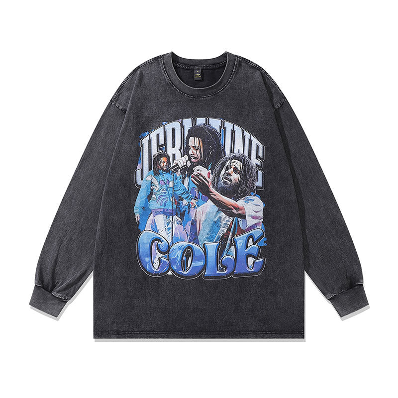 Men Long Sleeve Shirt Singing Portrait Printing Washed and Worn Long Sleeve Bottoming T-shirt for Men and Women