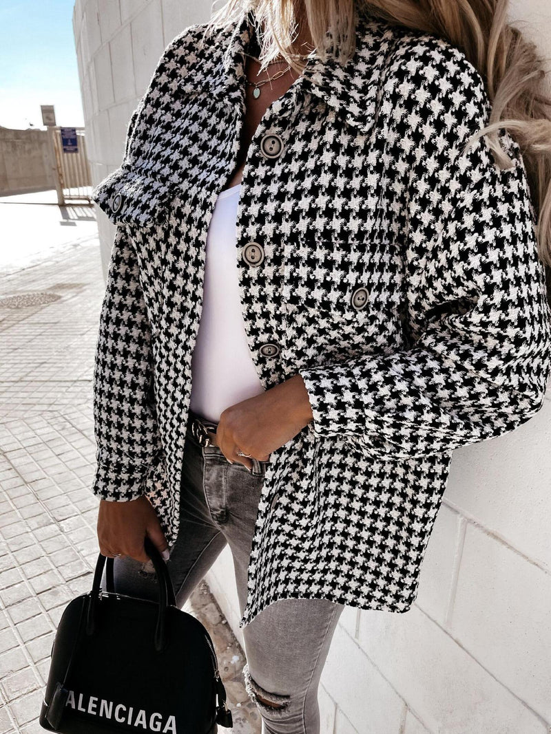 Plaid Trench Coat Autumn and Winter Houndstooth Printed Woolen Coat for Women