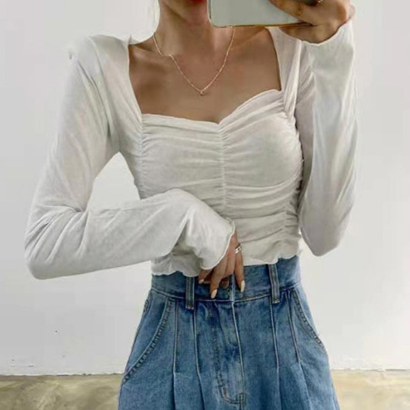 Women Long Sleeve Shirt Short V-neck Base Shirt Solid Color Slim Fit