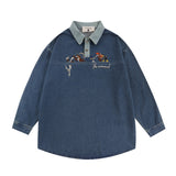 Men's Long Sleeve T Shirt Animal Cartoon Embroidered Denim Polo Shirt Men's Loose Long Sleeve Shirt