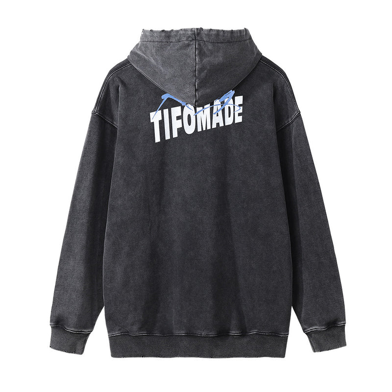 Men Hoodie Printed Washed Distressed Hooded Sweater Men's Loose Long Sleeve