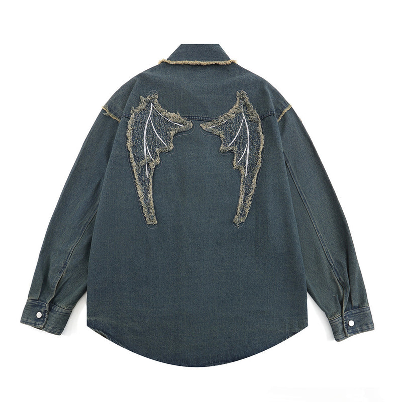 Men Long Sleeve T Shirt Paste Cloth Embroidery Denim Shirt Jacket Men's Spring and Autumn Long Sleeve Shirt