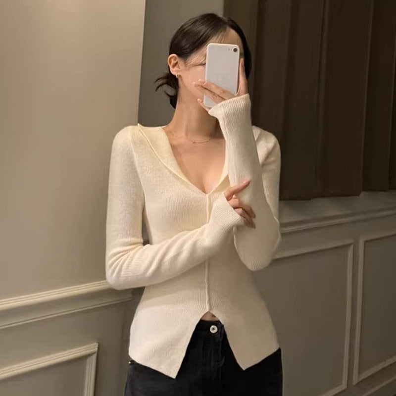 Women's Long Sleeve Shirt V-neck Sweater Long Sleeve Top Women's Design Sense