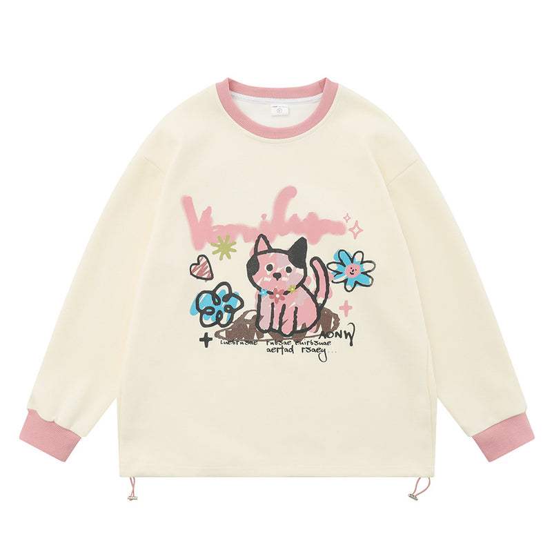 Men Hoodie Cartoon Kitten Graffiti Printing Sweater Boys Stitching round Neck Loose Top